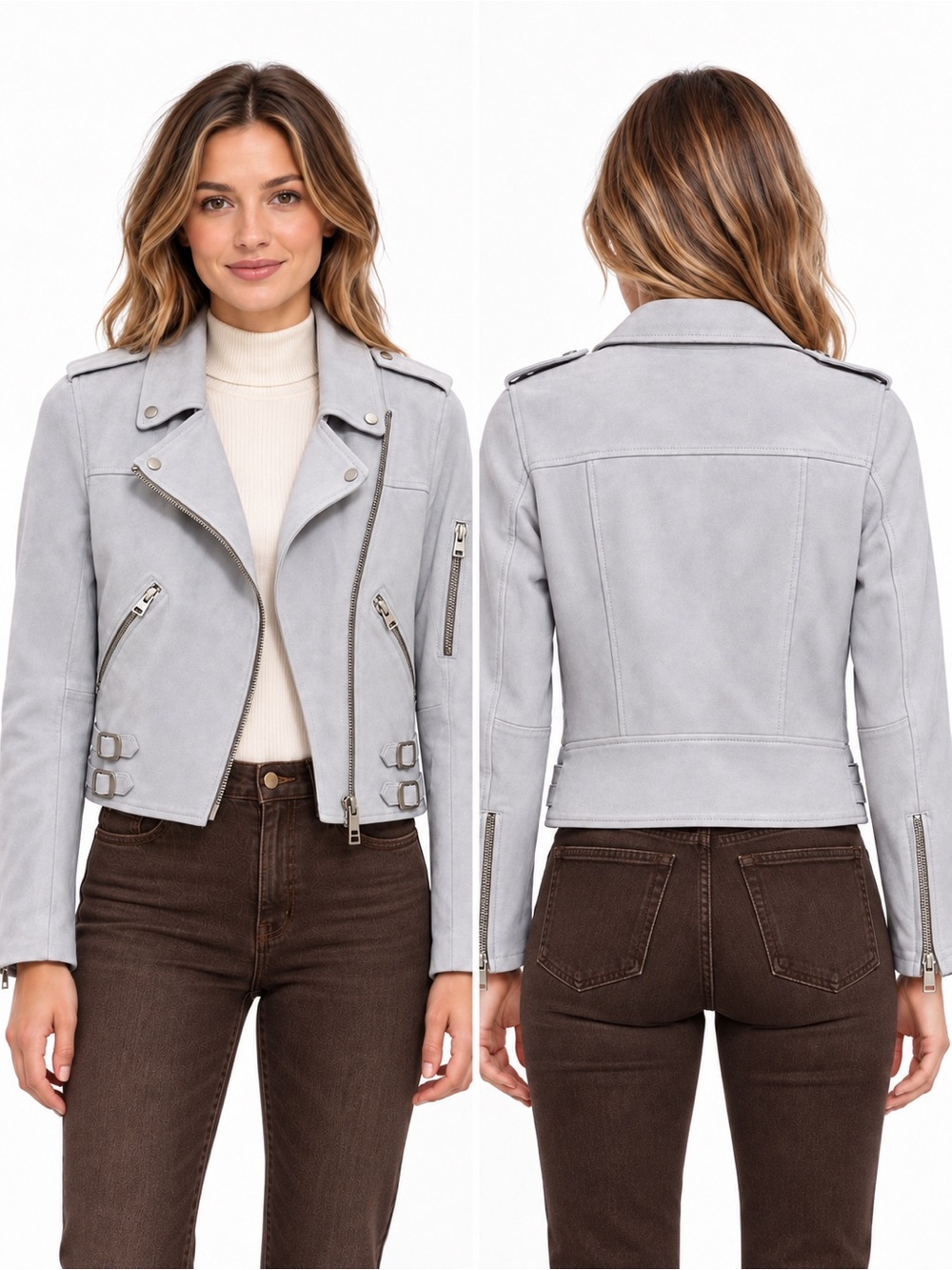 AllSaints Latham 100% goat-leather biker jacket, Sky Blue Size US 0 / UK 4